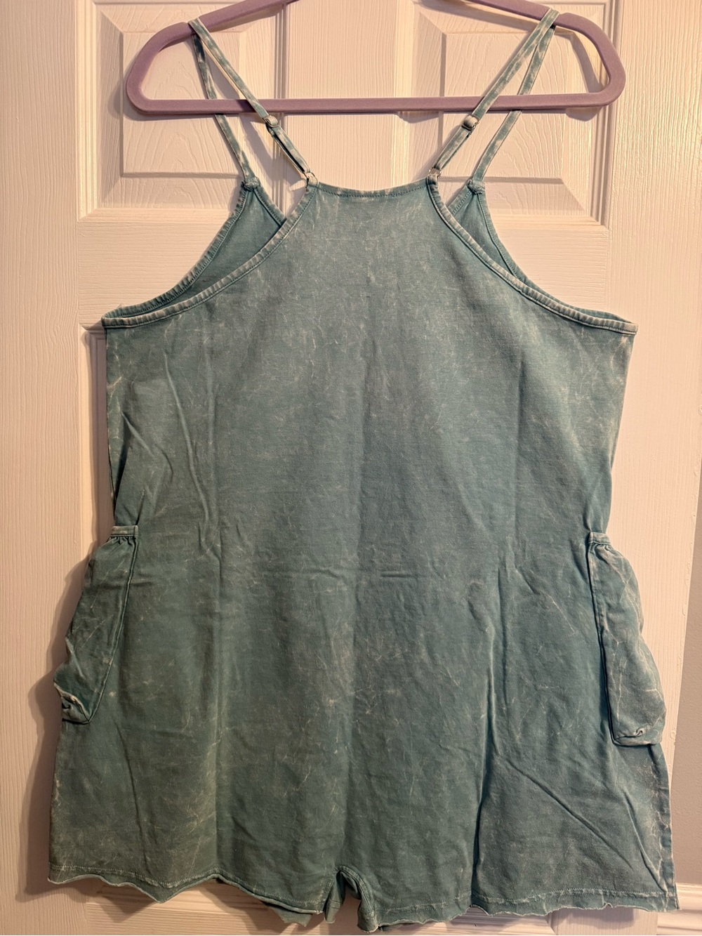 Zenana acid washed blue shorts Romper with Front Pockets - Picture 2 of 3